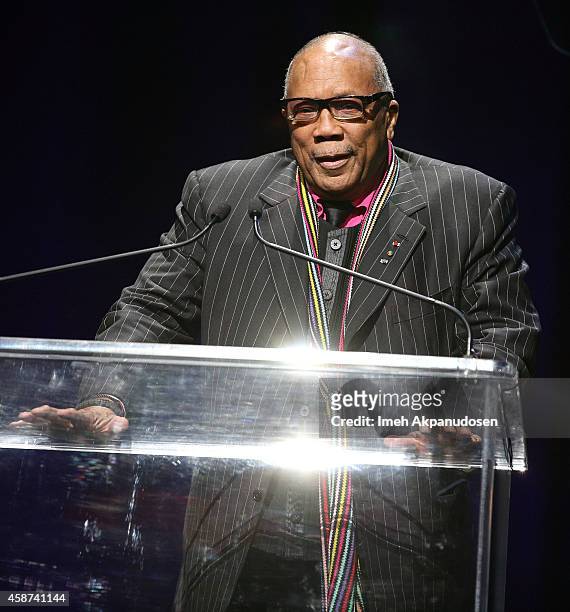 Record producer Quincy Jones speaks onstage at the 2014 Thelonious Monk International Jazz Trumpet Competition at Dolby Theatre on November 9, 2014...