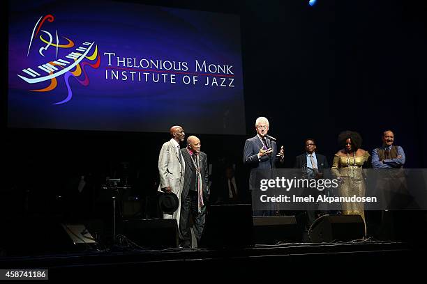 Thelonious Monk, Quincy Jones, Bill Clinton, Herbie Hancock, Dianne Reeves, and Kevin Spacey attend the 2014 Thelonious Monk International Jazz...