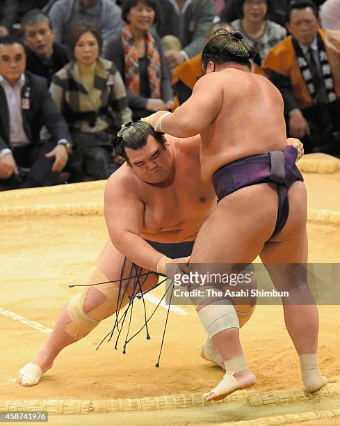 Ozeki Kotoshogiku pushes Tochiozan out of the ring to win during day one of the Grand Sumo Kyushu Tournament at Fukuoka Convention Center on November...