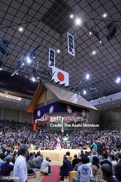 Full house crowd enjoy sumo during day one of the Grand Sumo Kyushu Tournament at Fukuoka Convention Center on November 9, 2014 in Fukuoka, Japan.