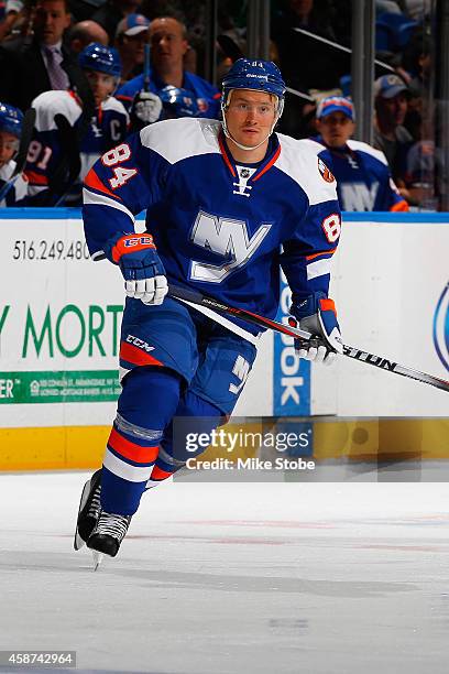 Mikhail Grabovski of the New York Islanders skates against the Dallas Stars at Nassau Veterans Memorial Coliseum on October 25, 2014 in Uniondale,...