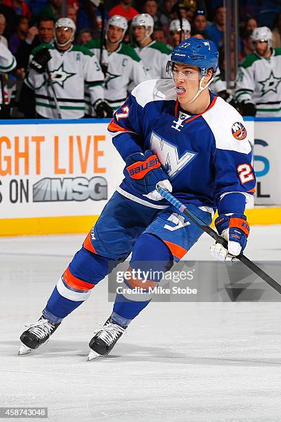 Anders Lee of the New York Islanders skates against the Dallas Stars at Nassau Veterans Memorial Coliseum on October 25, 2014 in Uniondale, New York....