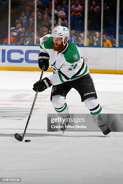 Jordie Benn of the Dallas Stars skates against the New York Islanders at Nassau Veterans Memorial Coliseum on October 25, 2014 in Uniondale, New...