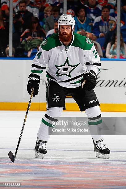 Jordie Benn of the Dallas Stars skates against the New York Islanders at Nassau Veterans Memorial Coliseum on October 25, 2014 in Uniondale, New...