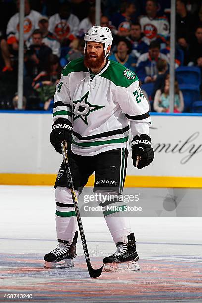 Jordie Benn of the Dallas Stars skates against the New York Islanders at Nassau Veterans Memorial Coliseum on October 25, 2014 in Uniondale, New...