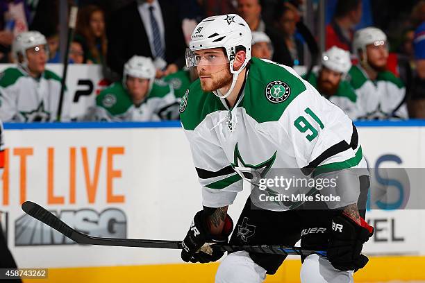 Tyler Seguin of the Dallas Stars skates against the New York Islanders at Nassau Veterans Memorial Coliseum on October 25, 2014 in Uniondale, New...