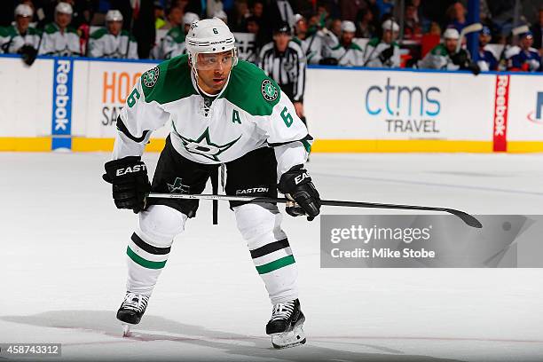 Trevor Daley of the Dallas Stars skates against the New York Islanders at Nassau Veterans Memorial Coliseum on October 25, 2014 in Uniondale, New...