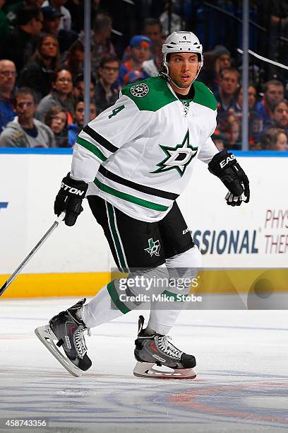 Brenden Dillon of the Dallas Stars skates against the New York Islanders at Nassau Veterans Memorial Coliseum on October 25, 2014 in Uniondale, New...