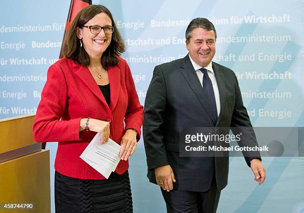 Berlin, Germany EU-commissioner for trade, Cecilia Malmstroem, and German Economy Minister and Vice Chancellor Sigmar Gabriel arrive for a press...