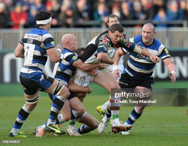 Peter Stringer of Bath tackles Tim Molenaar of Harlequins during the Aviva Premiership match between Bath and Harlequins at Recreation Ground on...