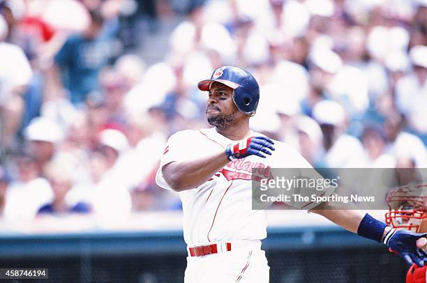 Albert Belle of the Cleveland Indians bats against the Texas Rangers at Progressive Field on May 18, 1996 in Cleveland, Ohio.