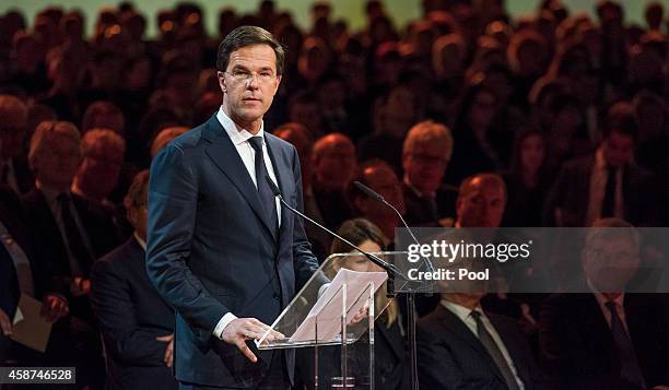 Prime Minister of the Netherlands Mark Rutte speaks during a national commemoration ceremony for relatives and friends of the victims of the Malaysia...