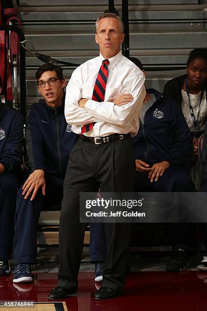 First year head coach Mike Dunlap of the Loyola Marymount Lions looks on against the UC San Diego Tritons during the second half of the exhibition...