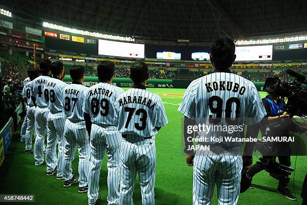 Samurai Japan team line up during the friendly match between Samurai Japan and Fukuoka SoftBank Hawks & Hokkaido Nipponham Fighters at Fukuoka...