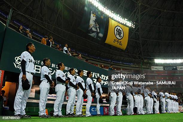 Samurai Japan team line up during the friendly match between Samurai Japan and Fukuoka SoftBank Hawks & Hokkaido Nipponham Fighters at Fukuoka...