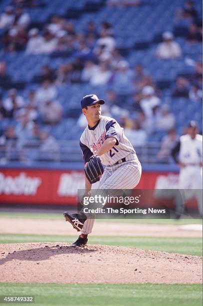 Shigetoshi Hasegawa of the Los Angeles Angels of Anaheim pitches against the Chicago White Sox at U.S. Cellular Field on April 15, 2000 in Chicago,...