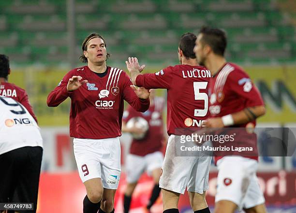 Federico Gerardi of Reggina celebrates scoring a goal to 2:1 during the Serie B match between AC Cesena and Reggina Calcio at Dino Manuzzi Stadium on...
