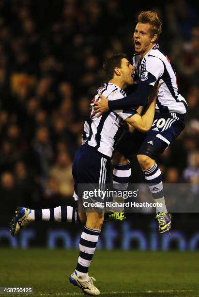 Matej Vydra of West Bromwich Albion celebrates with team mate Zoltan Gera after scoring during the Barclays Premier League match between West...