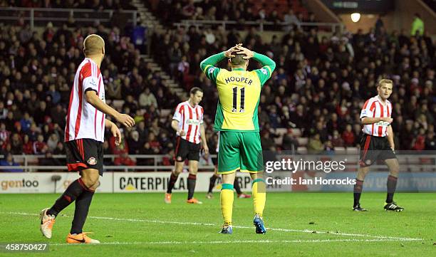 Gary Hooper of Norwich City reacts after heading wide during the Barclays Premier League match between Sunderland and Norwich City at The Stadium of...