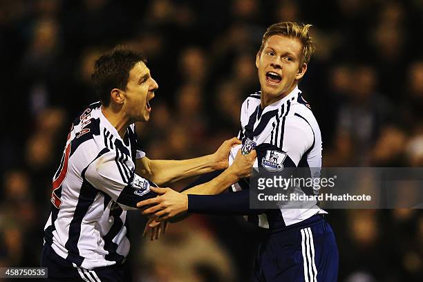 Matej Vydra of West Bromwich Albion celebrates with team mate Zoltan Gera after scoring during the Barclays Premier League match between West...