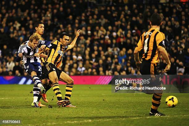 Matej Vydra of West Bromwich Albion scores during the Barclays Premier League match between West Bromwich Albion and Hull City at The Hawthorns on...