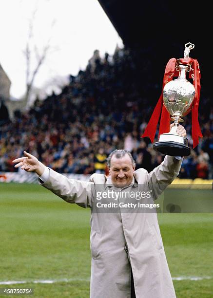 Liverpool manager Bob Paisley holds the League Championship title as the club pick up the trophy after winning the league in his last ever season in...