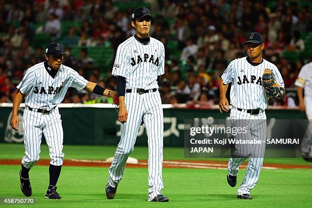 Starting pitcher Shintaro Fujinami of Samurai Japan in action during the friendly match between Samurai Japan and Fukuoka SoftBank Hawks & Hokkaido...