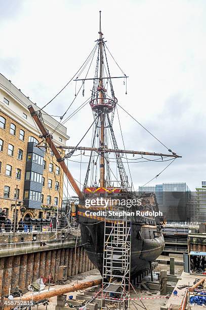 The Golden Hinde in the drydock. Docked in St Mary Overie Dock