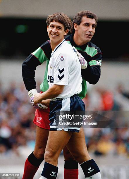 Spurs striker Gary Lineker shares a joke with Derby goalkeeper Peter Shilton during a League Division One match between Tottenham Hotspur and Derby...