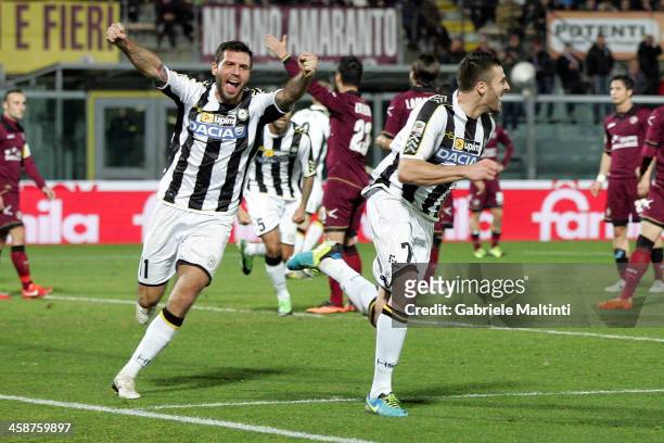 Thomas Heurtaux of Udinese Calcio celebrates after scoring a goal during the Serie A match between AS Livorno Calcio and Udinese Calcio at Stadio...