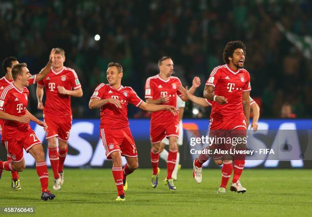 Dante of FC Bayern Munchen celebrates after scoring the opening goal during the FIFA Club World Cup Final between FC Bayern Munchen and Raja...