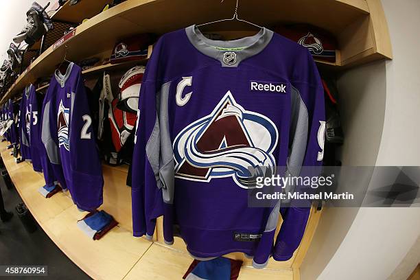 Hockey Fights Cancer warm up jerseys hang in the Colorado Avalanche News  Photo - Getty Images