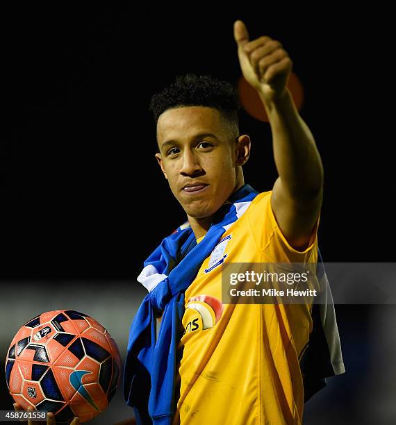 Callum Robinson of Preston walks off with the match ball after scoring a hat trick during the FA Cup First Round match between Havant & Waterlooville...