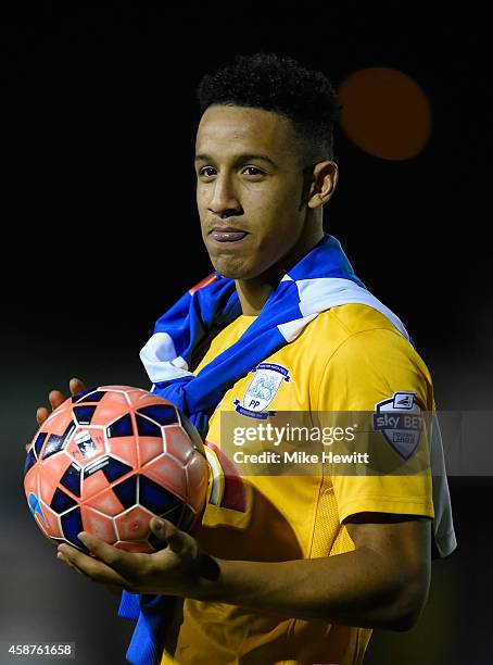 Callum Robinson of Preston walks off with the match ball after scoring a hat trick during the FA Cup First Round match between Havant & Waterlooville...