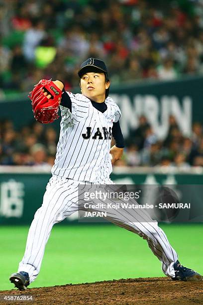 Pitcher Takahiro Matsuba of Samurai Japan pitches during the friendly match between Samurai Japan and Fukuoka SoftBank Hawks & Hokkaido Nipponham...