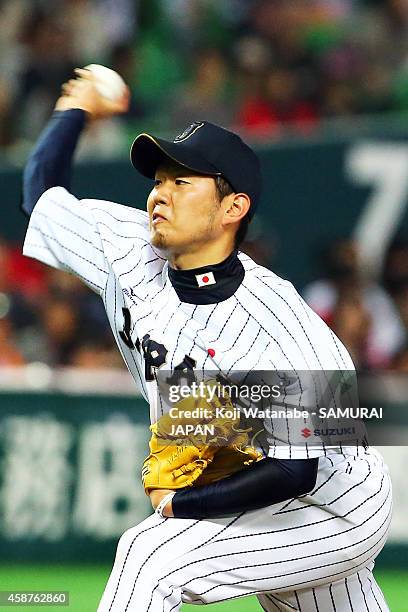 Pitcher Yuki Nishi of Samurai Japan pitches during the friendly match between Samurai Japan and Fukuoka SoftBank Hawks & Hokkaido Nipponham Fighters...