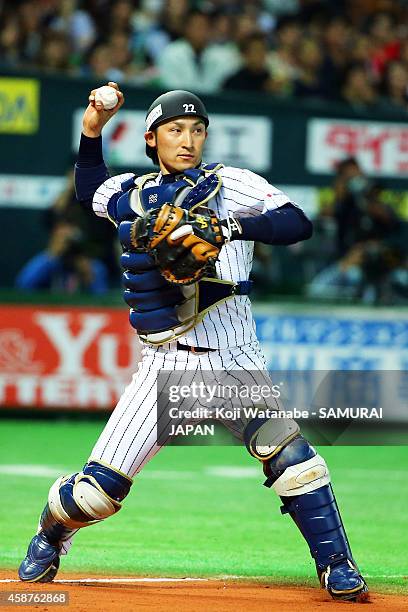 Catcher Hikaru Ito of Samurai Japan in action during the friendly match between Samurai Japan and Fukuoka SoftBank Hawks & Hokkaido Nipponham...