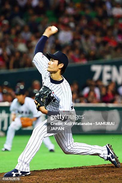 Pitcher Shota Takeda of Samurai Japan pitches during the friendly match between Samurai Japan and Fukuoka SoftBank Hawks & Hokkaido Nipponham...