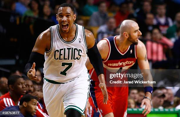 Jared Sullinger of the Boston Celtics reacts following a missed shot in the second half against the Washington Wizards during the game at TD Garden...