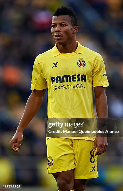 Ikechukwu Uche of Villarreal looks on during the La Liga match between Villarreal CF and Sevilla FC at El Madrigal on December 21, 2013 in...