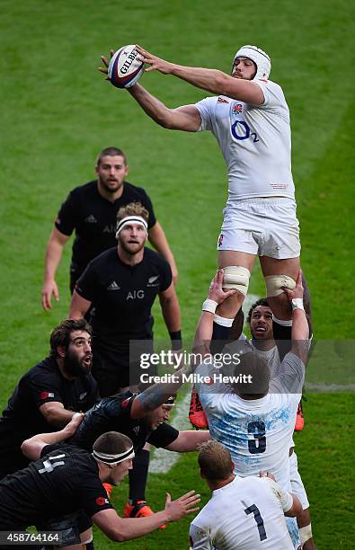 Dave Atwood of England wins a lineout during the QBE International betwen England and New Zealand at Twickenham Stadium on November 8, 2014 in...