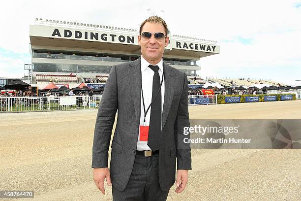 Former Australian cricketer Shane Warne arrives to host a press conference prior to the New Zealand Trotting Cup at Addington Raceway on November 11,...