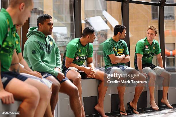 Members of the Australian Kangaroos team relax prior to a recovery session at the InterContinental Hotel Wellington on November 11, 2014 in...