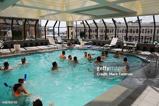 The Kangaroos recovery session in the pool prior to a Australian Kangaroos media session at InterContinental Hotel Wellington on November 11, 2014 in...