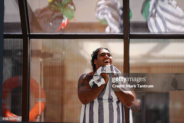 Sam Thaiday towels down from a recovery pool session prior to an Australian Kangaroos media session at InterContinental Hotel Wellington on November...