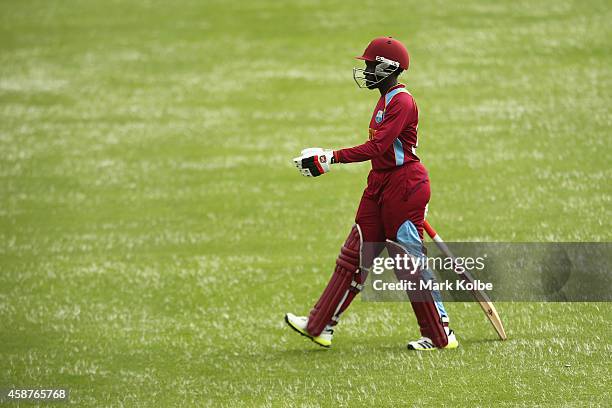 Kycia Knight of the West Indies leaves the field after being dismissed during game one of the Australia and West Indies one day international series...