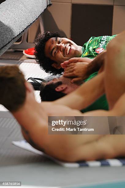 Sam Thaiday jokes with teammates during a Australian Kangaroos recovery session at InterContinental Hotel Wellington on November 11, 2014 in...