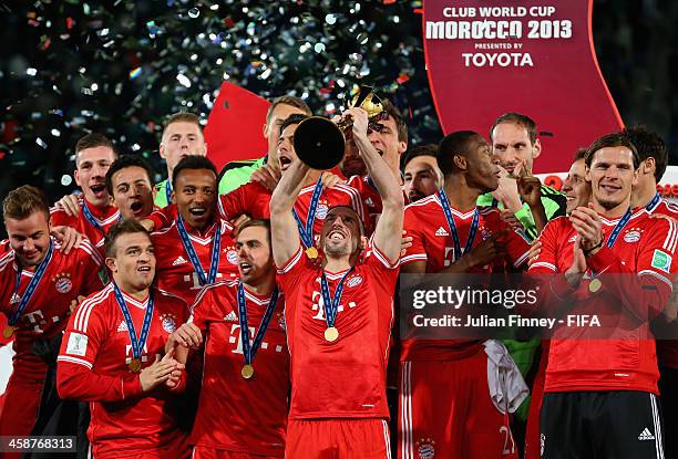 Franck Ribery of Bayern Munchen lifts the trophy after the FIFA Club World Cup Final match between FC Bayern Munchen and Raja Casablanca at the...