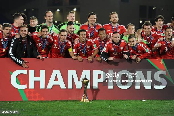 Bayern Muenchen celebrate with the trophy following the FIFA Club World Cup Final match between Bayern Muenchen and Raja Casablanca at Marrakech...