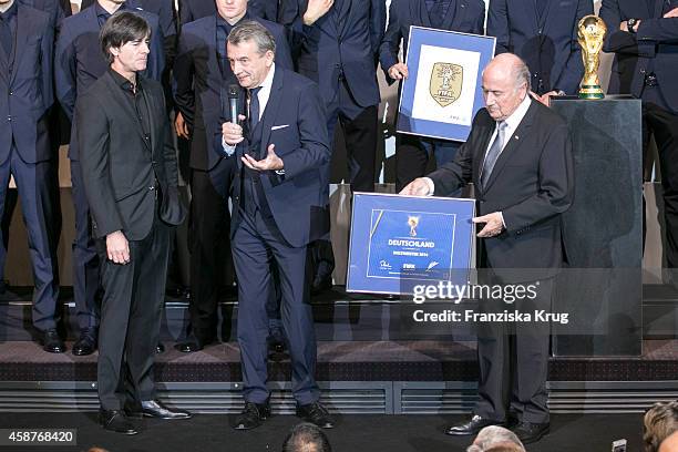 Joachim Loew, Wolfgang Niersbach and Joseph Blatter attend the 'Die Mannschaft' Premiere at Sony Centre on November 10, 2014 in Berlin, Germany.